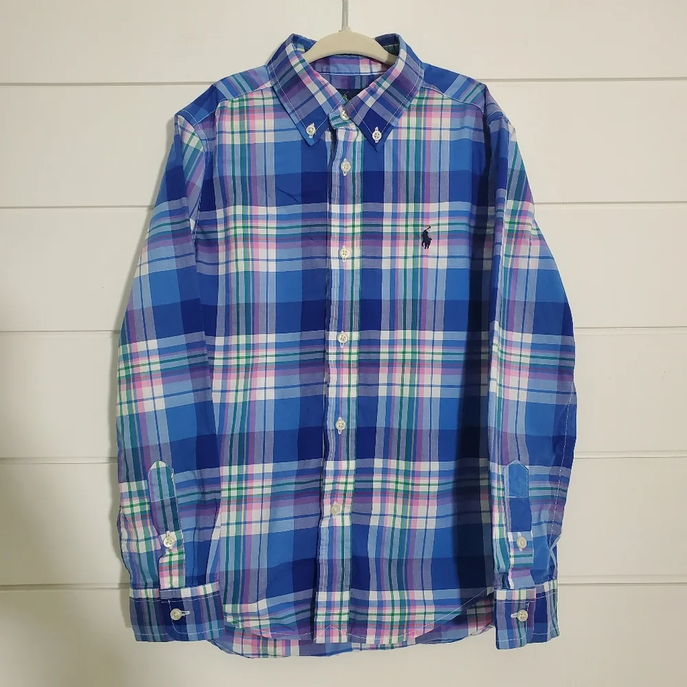 Ralph Lauren Boy blue plaid button down shirt Oxford Natural stretch Size 7‎